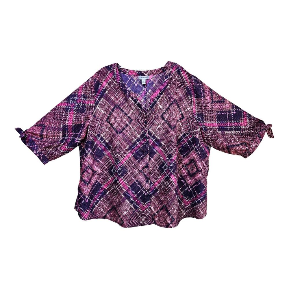 CATHERINES Women's Plus Petite 2X 2XP Blouse Plaid Pink Purple 3/4 Sleeve 54"